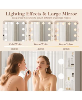 Dressing Table with 12 LED Mirror and Stool,Modern Vanity Desk with Power Outlet,2 Drawers and 6 Shelve for Cosmetics Storage