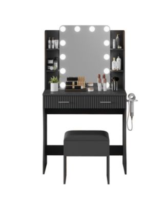 Dressing Table with 12 LED Mirror and Stool,Modern Vanity Desk with Power Outlet,2 Drawers and 6 Shelve for Cosmetics Storage