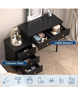 Makeup Vanity Desk with Lights and Mirror, Modern Dressing Table with 2 Drawers & 3-Drawer Cabinet, Adjustable LED Lighting Wood Vanity