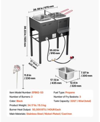 Outdoor Propane Deep Fryer, Dual-Tank 16QT x2, Stainless Steel Fryer with 3 Baskets, Thermometer, 50,000 BTU, Floor Standing