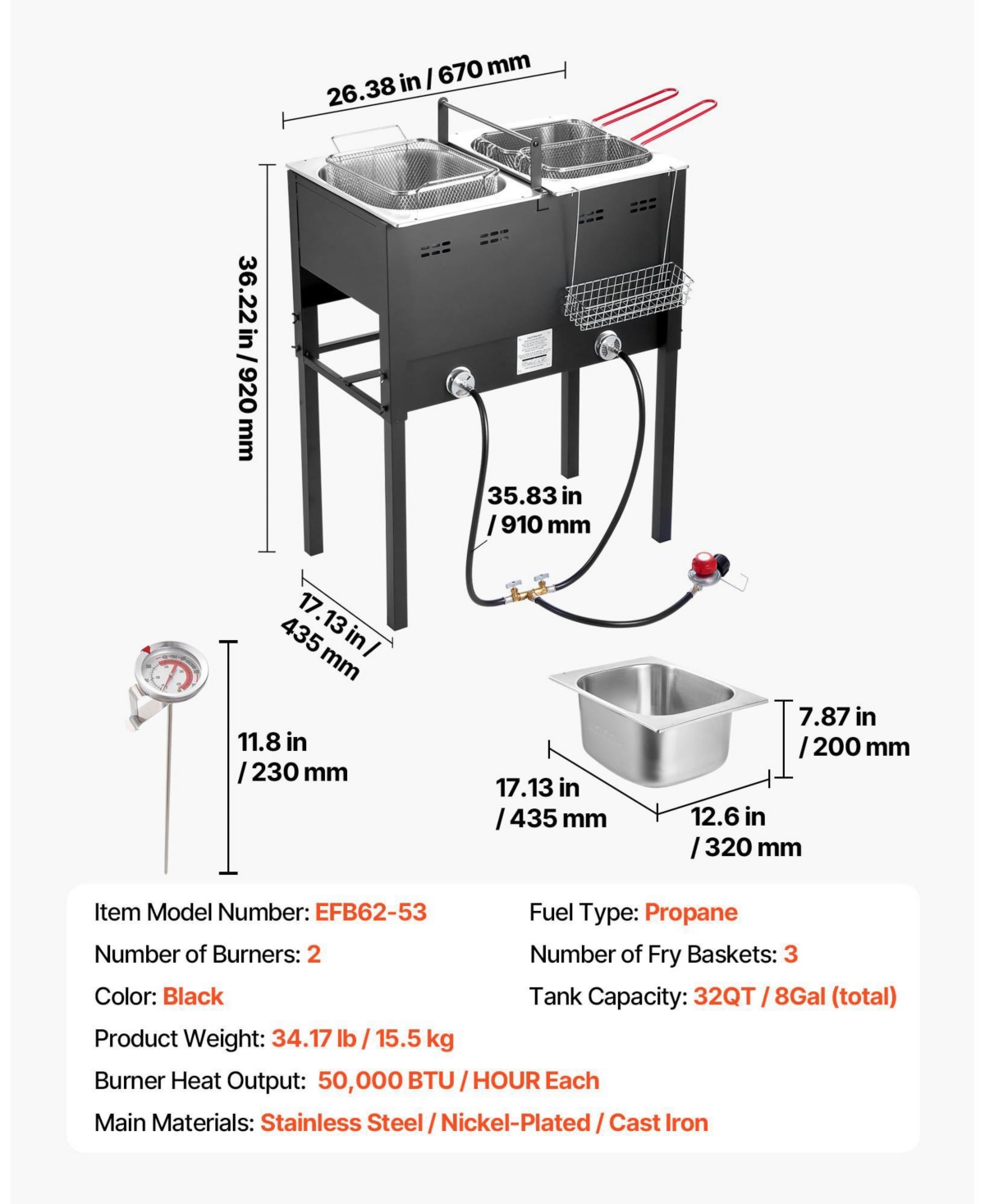 Ecooso Outdoor Propane Deep Fryer, Dual-Tank 16QT x2, Stainless Steel Fryer with 3 Baskets, Thermometer, 50,000 Btu, Floor Standing