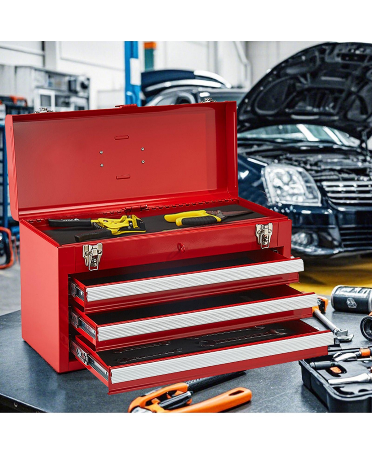 Mecale Metal Tool Box, 3-Drawer Portable Tool Chest, Eva Liners, Locking, Ball-Bearing Slides