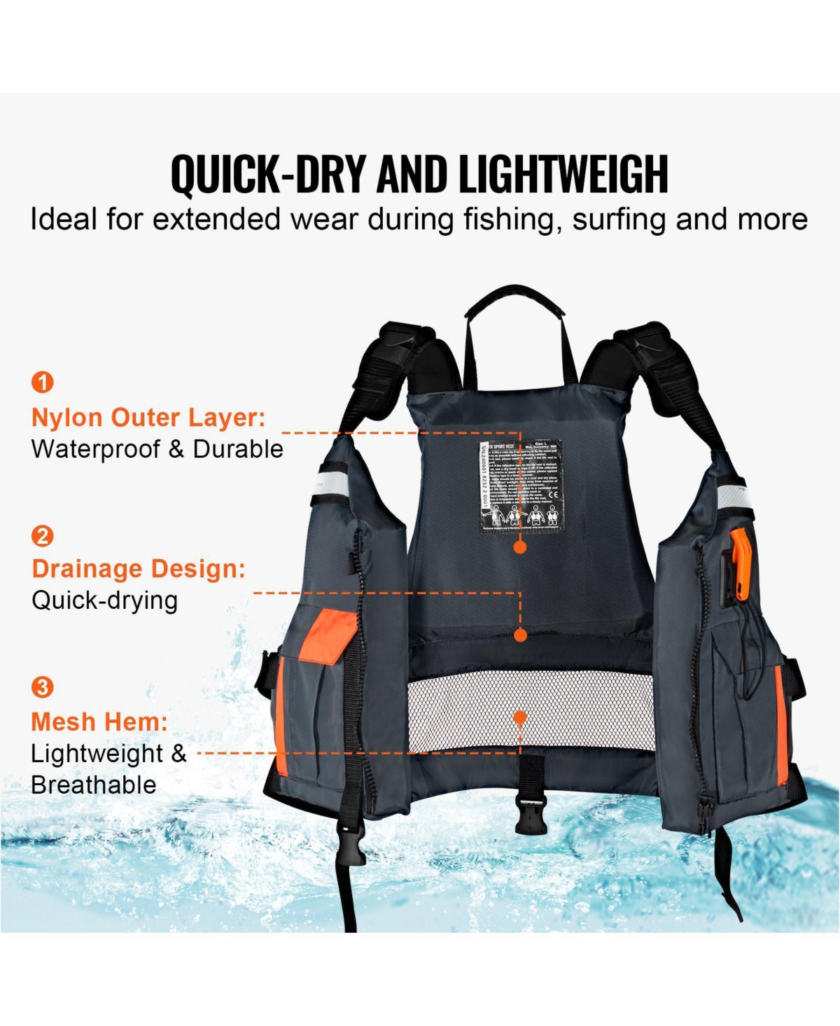 Mecale Life Vest for Watersports (Pfd), Waterproof Nylon, 96N Buoyancy, Life Jacket for Fishing Kayaking Surfing, Men and Women, Size L