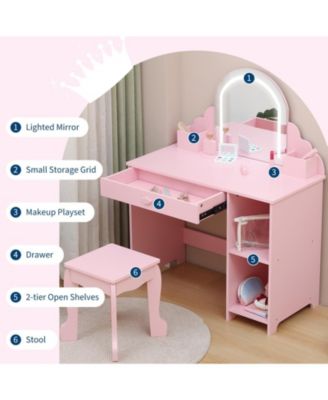 Kids Vanity with Lighted Mirror & Stool, Little Girls Vanity with Adjustable LED Light