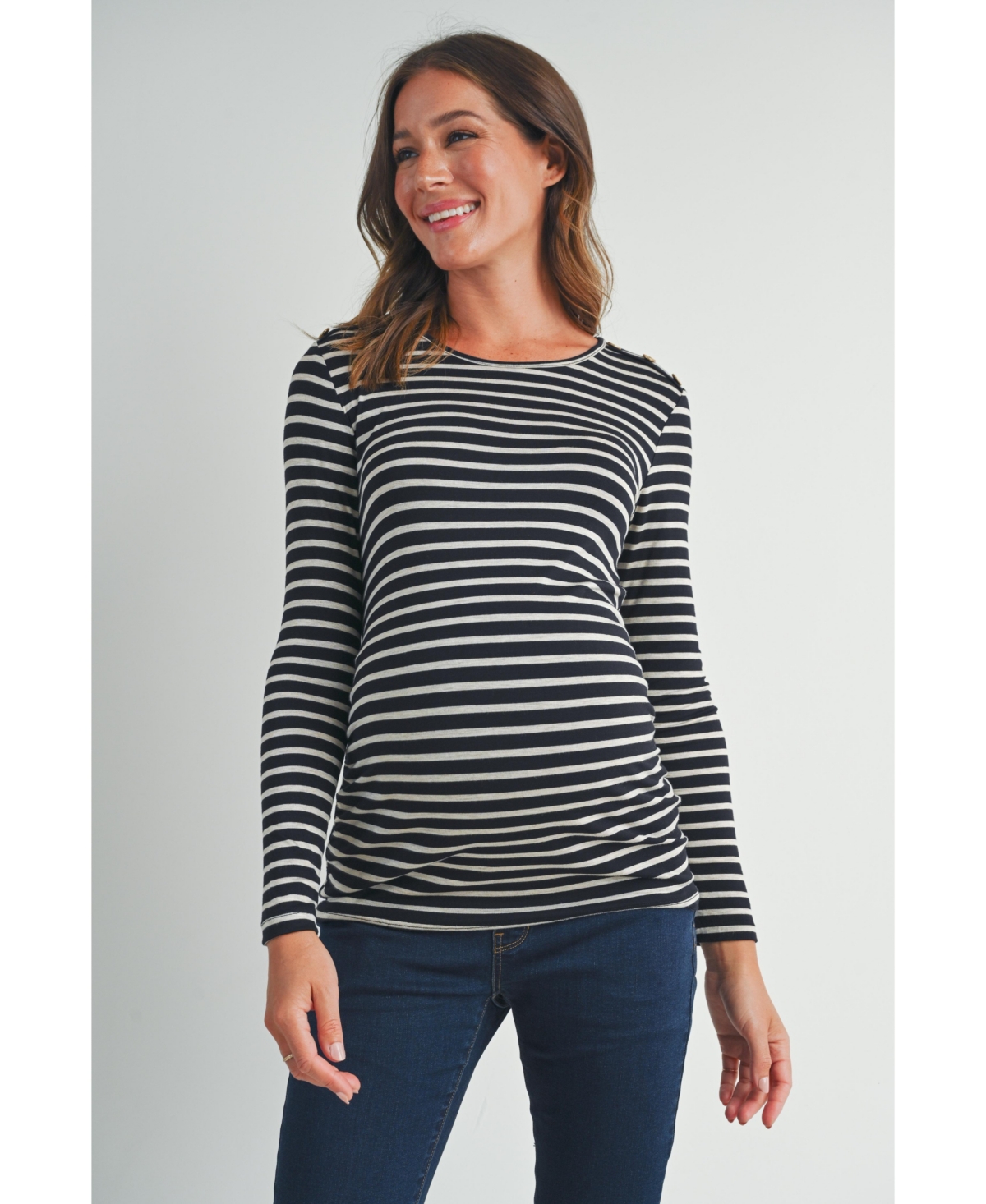 Hello Miz Women's Long Sleeve Side Ruched Striped Maternity Top