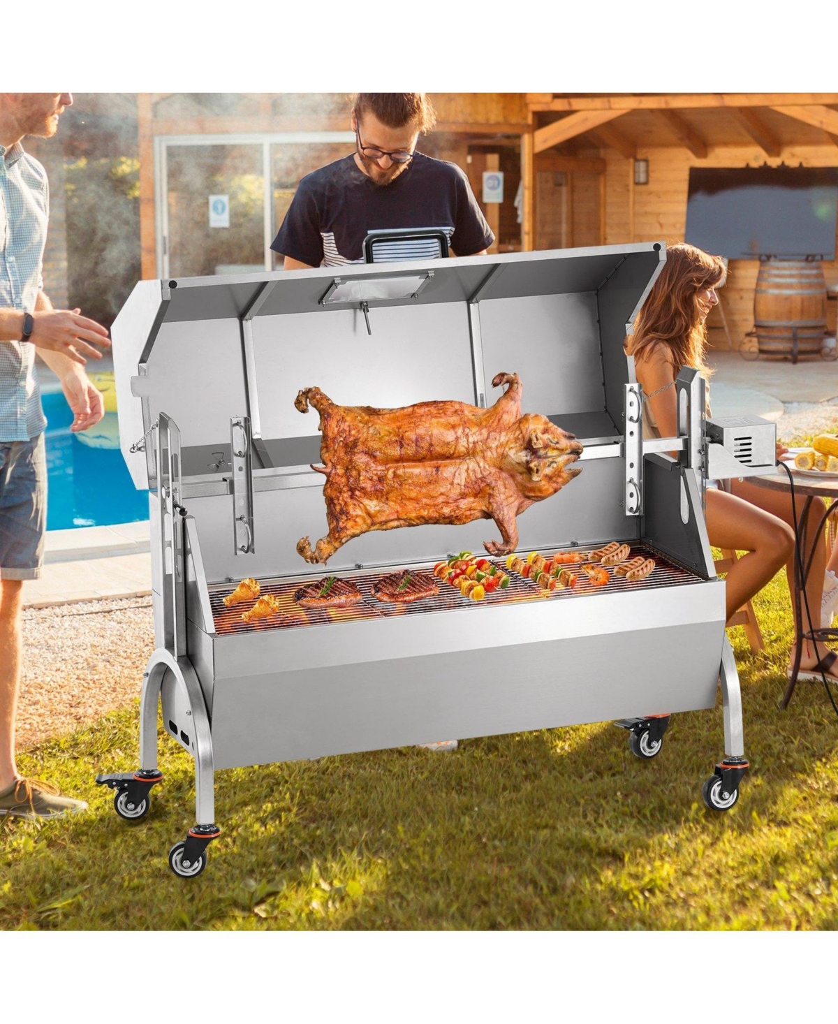 Ecooso 46" Rotisserie Charcoal Spit Grill with Hooded Cover, 132 lb Capacity, 52W Electric Motor, Stainless Steel Roaster, Lockable Wheels
