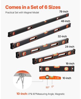 6-Piece Box Level Set, 78/48/32/24/16/10", Bubble Vials, 45/90/180° Ruler, SAE/Metric Scale, Aluminum Alloy (10" Magnetic