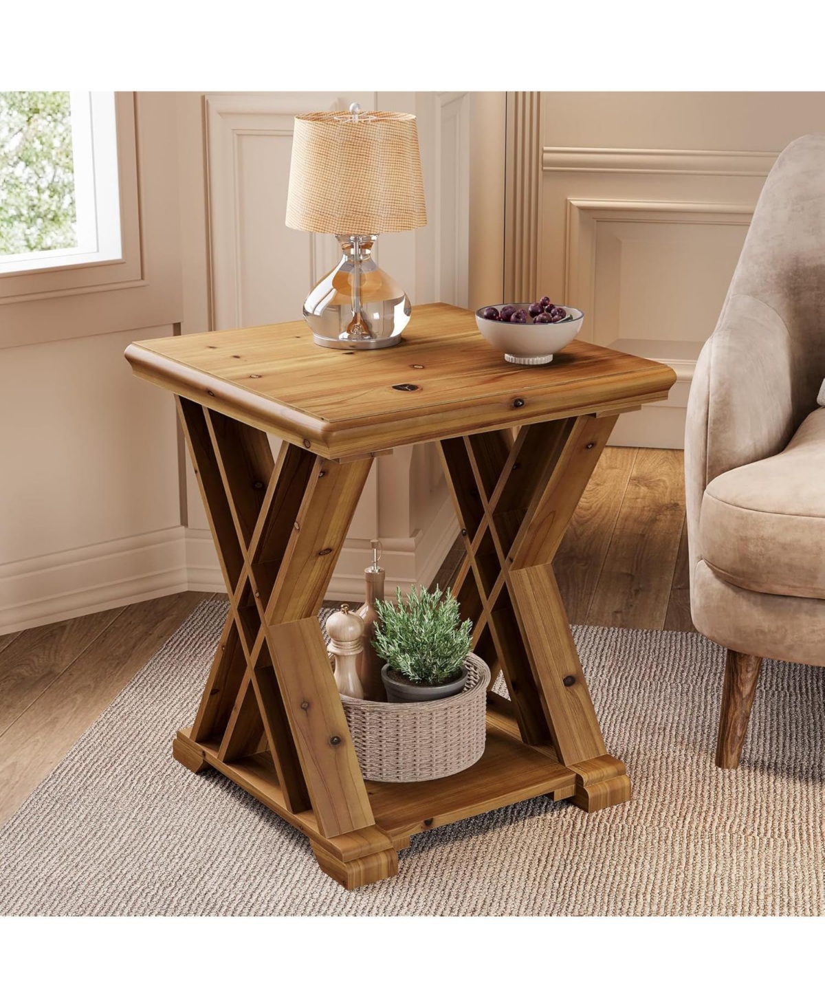 Tribesigns Solid Wood Side Table, Farmhouse Narrow Nightstand, Small Square 2-Tier End Table