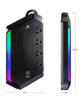 10-Outlet RGB Surge Strip with USB-C and USB Ports for Home Entertainment Power Protection