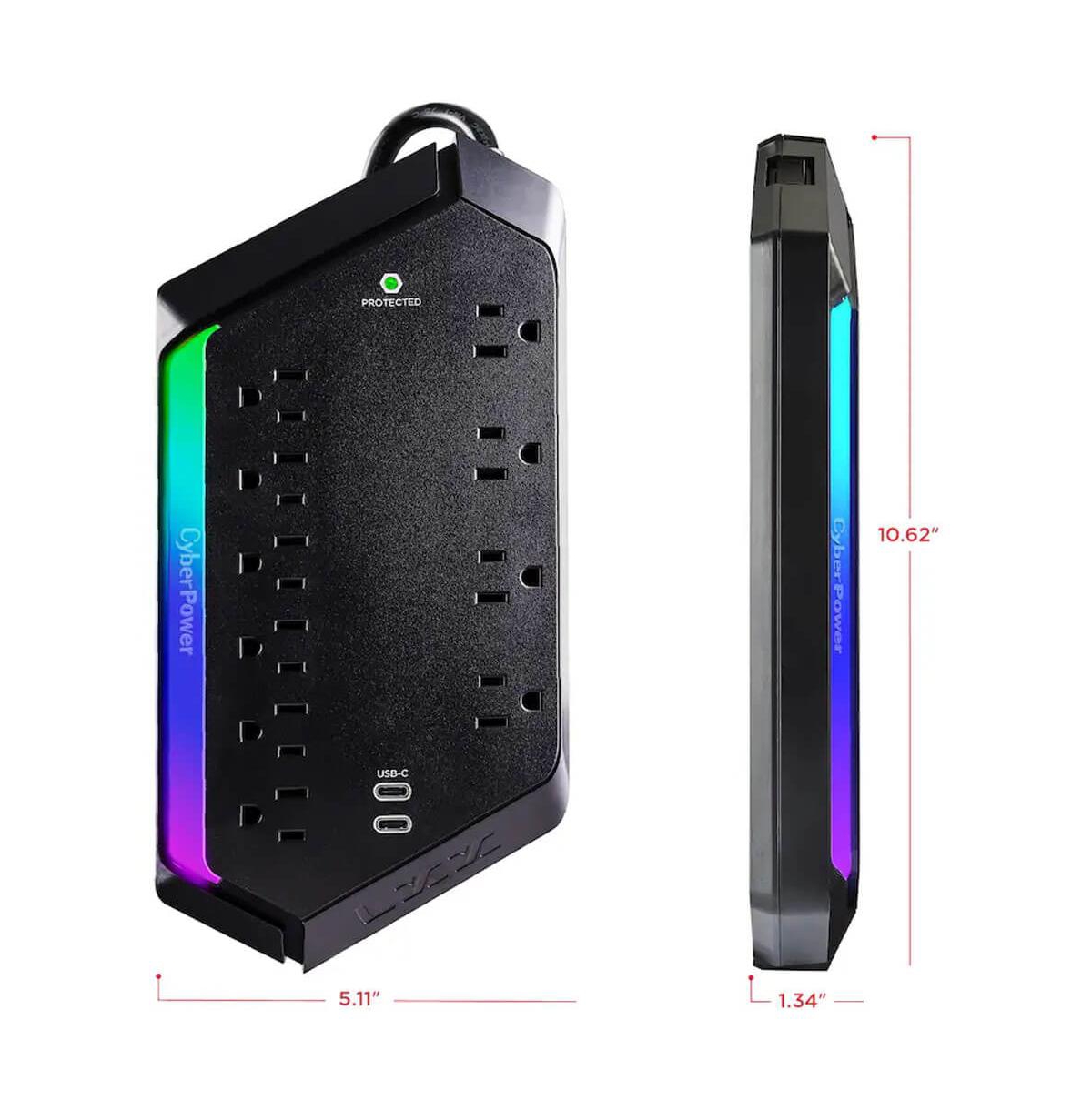CyberPower 10-Outlet Rgb Surge Strip with Usb-c and Usb Ports for Home Entertainment Power Protection