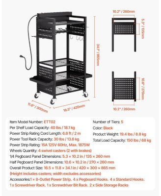 5-Tier Tool Organizer Cart with Charging Station, 8 AC Outlets, Rolling Drill Holder & Tool Battery Storage Rack, Wheels, Garage Use