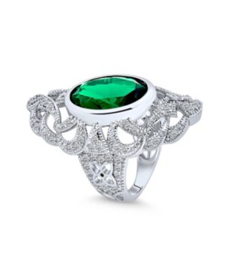 Art Deco Emerald Green Oval CZ Filigree Statement Full Finger Ring Silver Plated