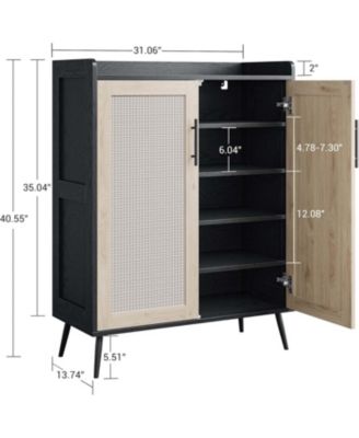 Rattan Shoe Cabinet, 5-Tier Shoe Storage Cabinet with Doors, 2 Adjustable Shelves and Heavy Duty Metal Legs