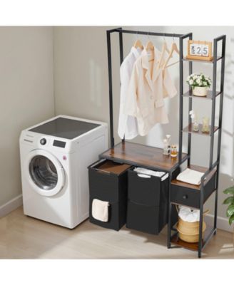 3-Tier Laundry Sorter with Rack, 2-Section Hamper with Shelves & Drawers, Ladder Shelves, 600D Oxford Bags, Metal Frame