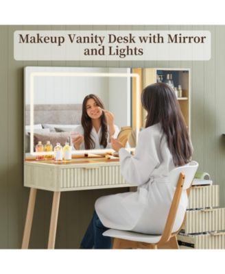 Fluted Makeup Vanity Desk with Mirror, Glass Top, Charging Station, 5 Drawers & Shelves for Bedroom