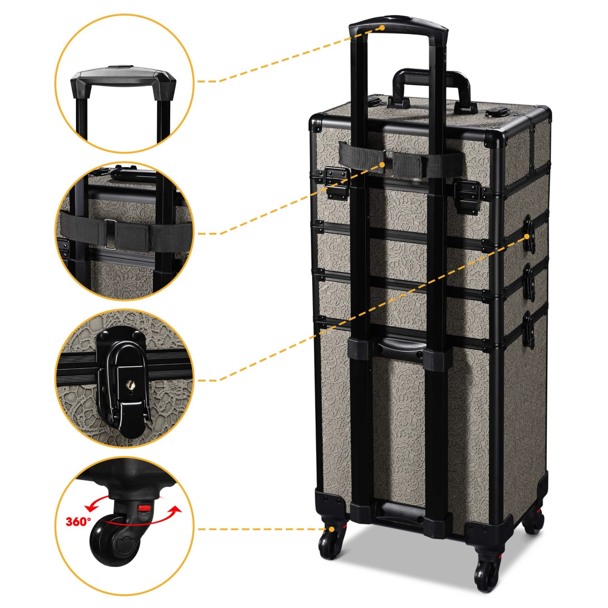 Byootique Makeup Train Case Trolley w/ Cube Case Cosmetic Organizer Gray