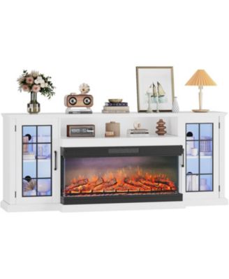75" 3-Sided Glass Fireplace TV Stand for TVs Up to 85", 40" Electric Fireplace, Rustic Distressed Media Console with Glass Doors & Storage