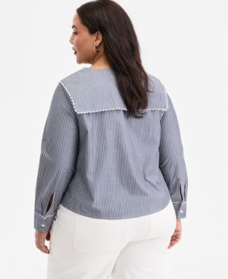 Trendy Plus Size Striped Cotton Button-Front Shirt