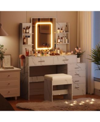 6-Drawer Marble White Makeup Vanity Set, Mirror with LED Lights, USB Charging, Vanity Stool, Bedroom, Dressing Room