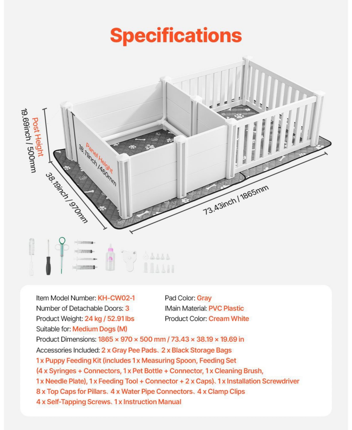 COZITODog Whelping Box, 73 x 38 x 19.7 in Plastic Whelping Pen w/ Adjustable Door Height & Waterproof Pad, Easy-Clean Indoor Birth Kit