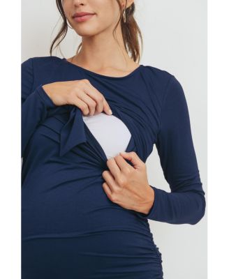 Maternity Front Tie Crew Neck Side Ruched Nursing Dress