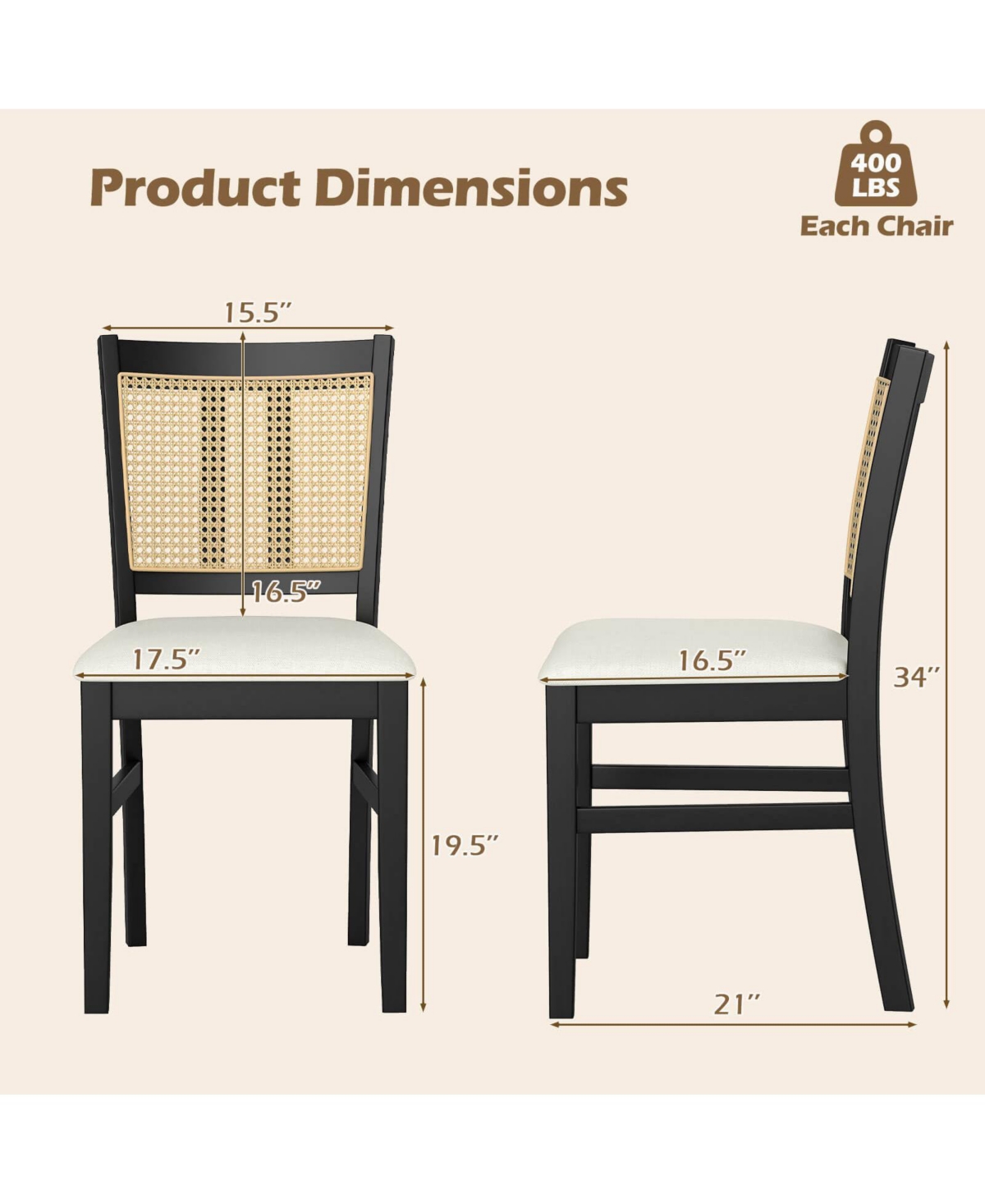 Costway Farmhouse Rattan Dining Chair Fabric Upholstered Kitchen Chairs