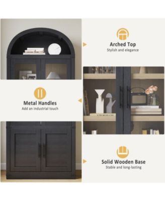 Arched Storage Bookcase, 6-Tier Modern Wooden Shelving with Doors for Living Room, Black