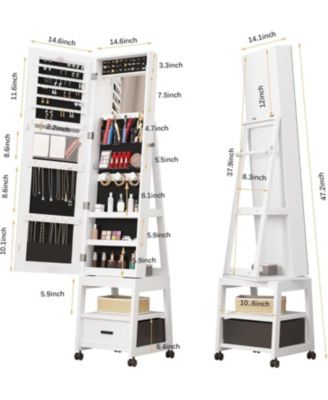 360&deg; Swivel Jewelry Armoire with Storage Shelf & Drawer – 66" H Full-Length Mirror Jewelry Floor Standing Organizer with Wheels