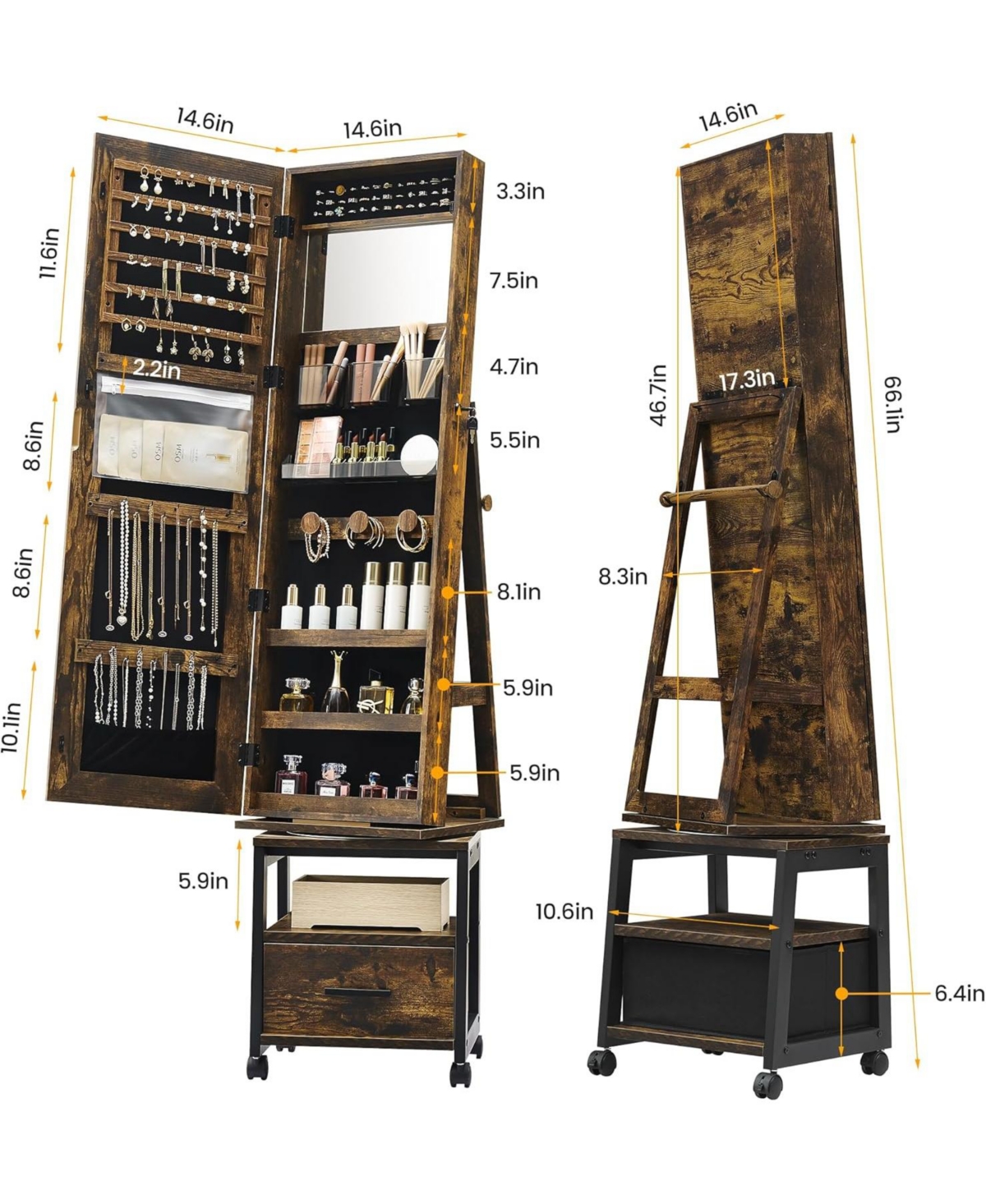 gaomon 360° Swivel Jewelry Armoire with Storage Shelf & Drawer – 66" H Full-Length Mirror Floor Standing Organizer Wheels