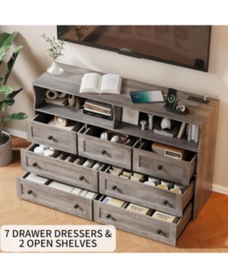 7-Drawer Dresser with LED Lights & Charging Station, Wooden Chest with 2 Open Compartments, Freestanding Storage Organizer for Bedroom, Nursery