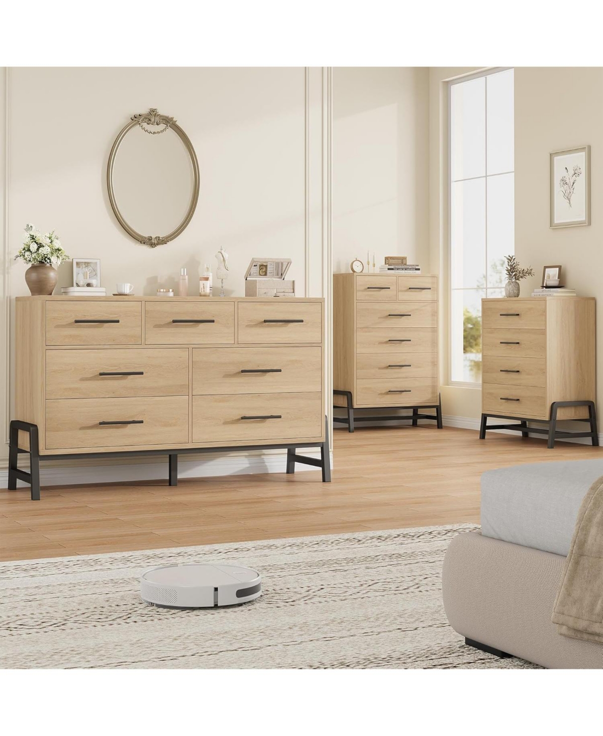 gaomon 4 Drawer Natural Oak Polished Engineered Wood Dresser, Chic Cabinet Legs, Waterproof Top, Anti-Tip, Modern Bedroom