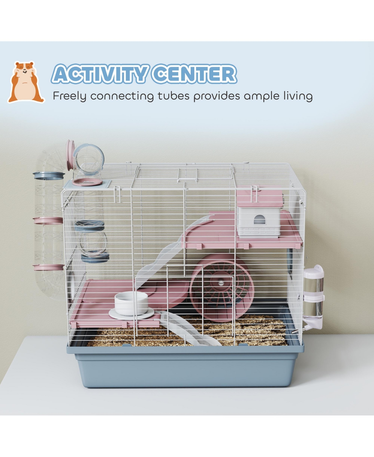 PawHut Hamster Cage, 3-Tier Gerbil Cage with Exercise Wheel and Tubes,