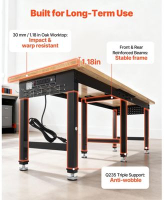 96" Adjustable Workbench, 5000 lb Capacity, 96 x 24" Oak Wood Top, 4 AC Outlets & 2 USB Ports, Heavy-Duty Worktable