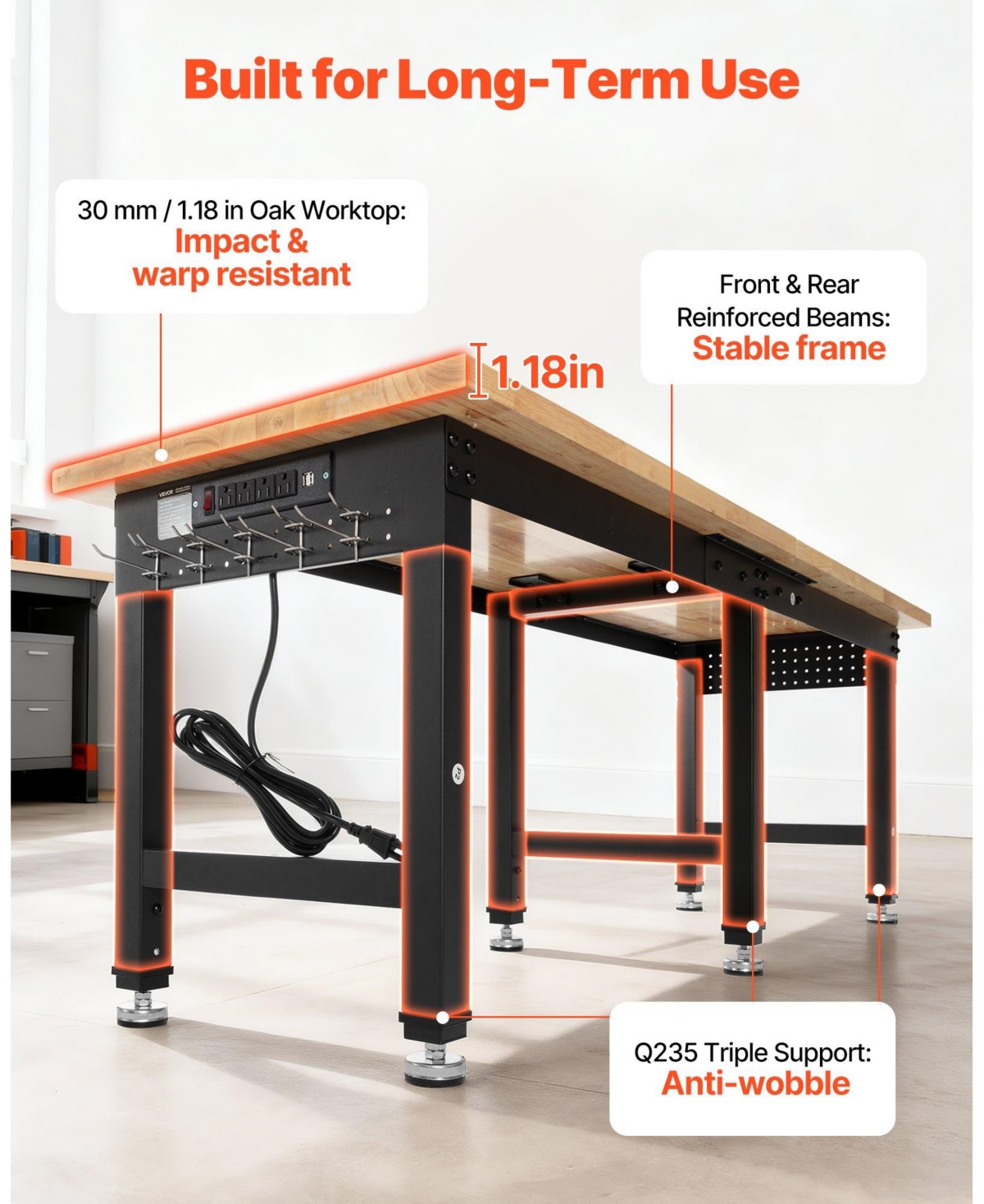 Mecale 96" Adjustable Workbench, 5000 lb Capacity, 96 x 24" Oak Wood Top, 4 Ac Outlets & 2 Usb Ports, Heavy-Duty Worktable