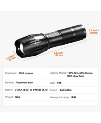 2-Pack LED Flashlight, 2000 Lumens, Adjustable Focus Beam, 5 Modes, IP44 Water Resistant, Handheld
