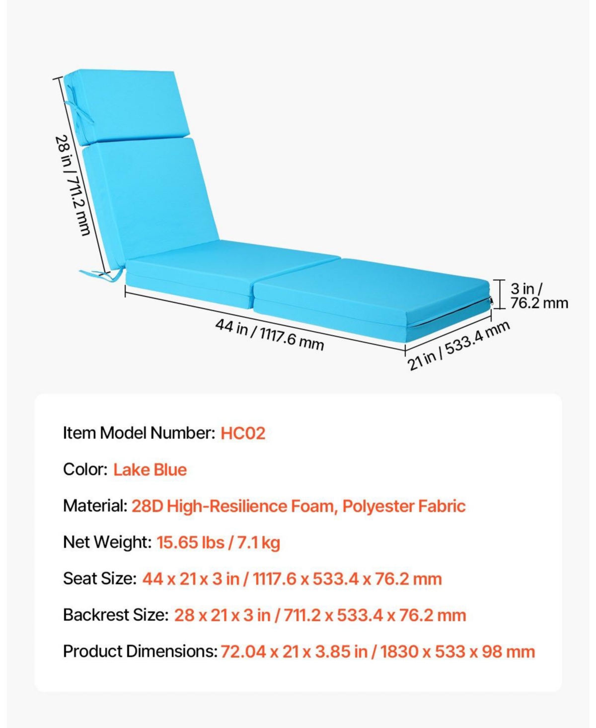 Mecale 72 x 21 x 4 in Chaise Lounge Cushion Set of 2, Waterproof Fade-Resistant Outdoor Sun Lounger Cushions with Ties, Teal