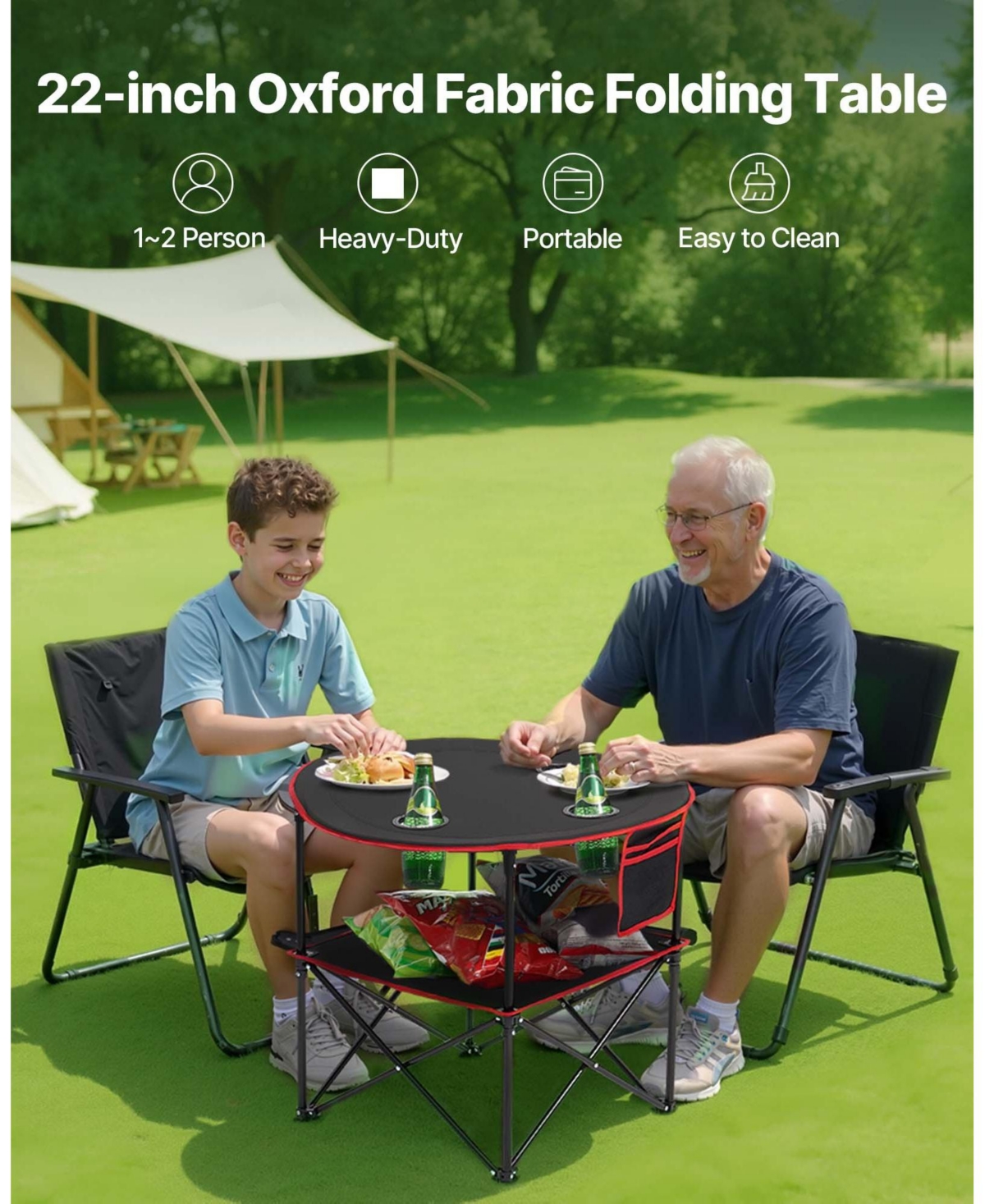 Mecale Folding Camping Table, 600D Waterproof Oxford Top with 4 Cup Holders, Carry Bag, Black