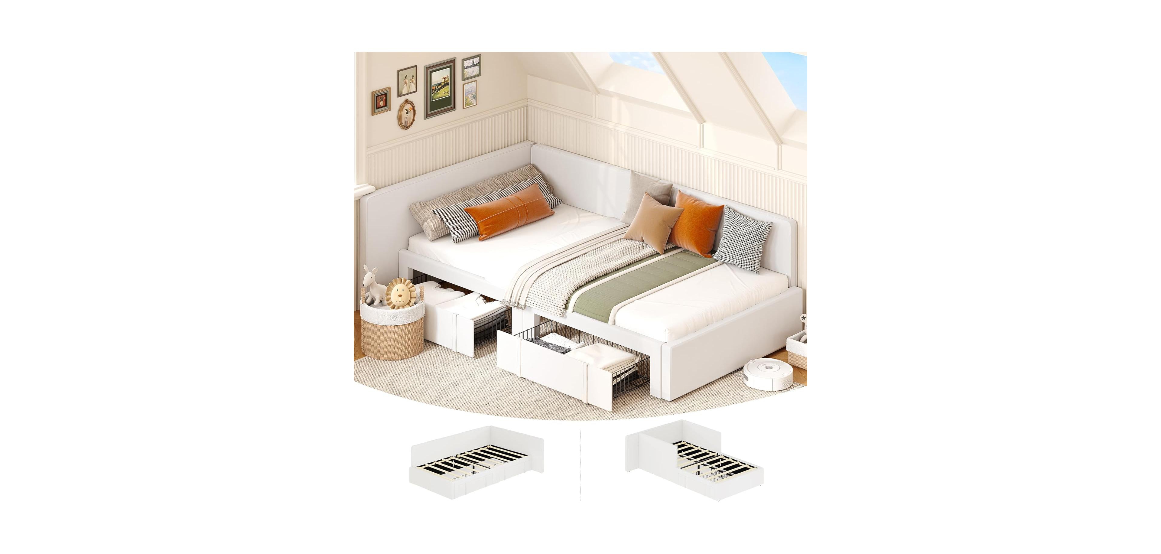 gaomon Twin Daybed with Storage Drawers, Velvet Upholstered Corner Bed Frame, Adjustable Headboard & Guardrails