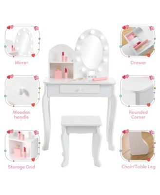 Girls' Vanity Set with Light and Mirror, Makeup Table and Stool for Kids, Wood Dressup Playset for 4-9