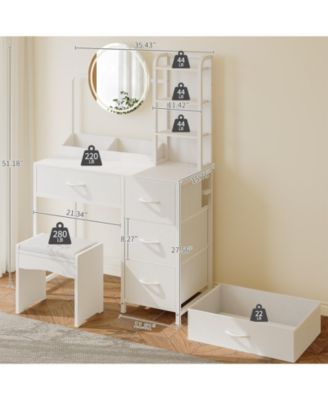 Vanity Desk with Mirror and Lights, Wood Dressing Table with 4 Fabric Drawers, Makeup Table with Hair Dryer Rack for Bedroom Dressing Room