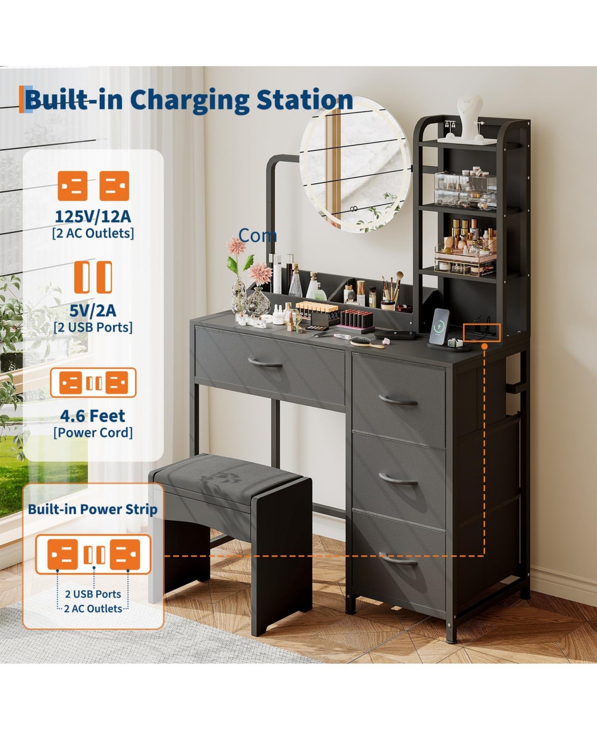 gaomon Vanity Desk with Mirror and Lights, Wood Dressing Table 4 Fabric Drawers, Makeup Hair Dryer Rack for Bedroom Room