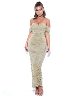 Women's Gene Gold Ruched Off Shoulder Chiffon Dress