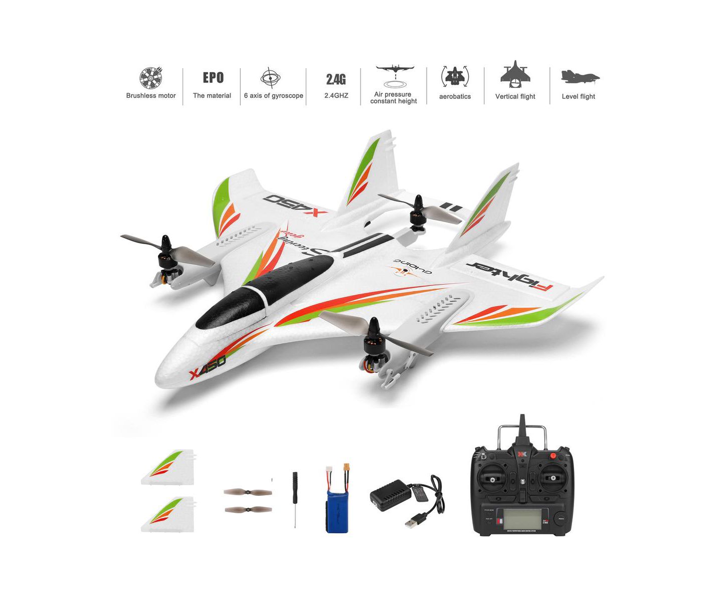 Детская игрушка Bruce & Shark X450 Vtol 3D/6G Modes RC Plane, цвет: Белый — фото 1