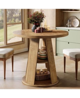 Round Dining Table for 2–4, 31.5" Small Farmhouse Kitchen Table with 2-Tier Storage Shelf, Space-Saving Wood Dining Table, Light Brown