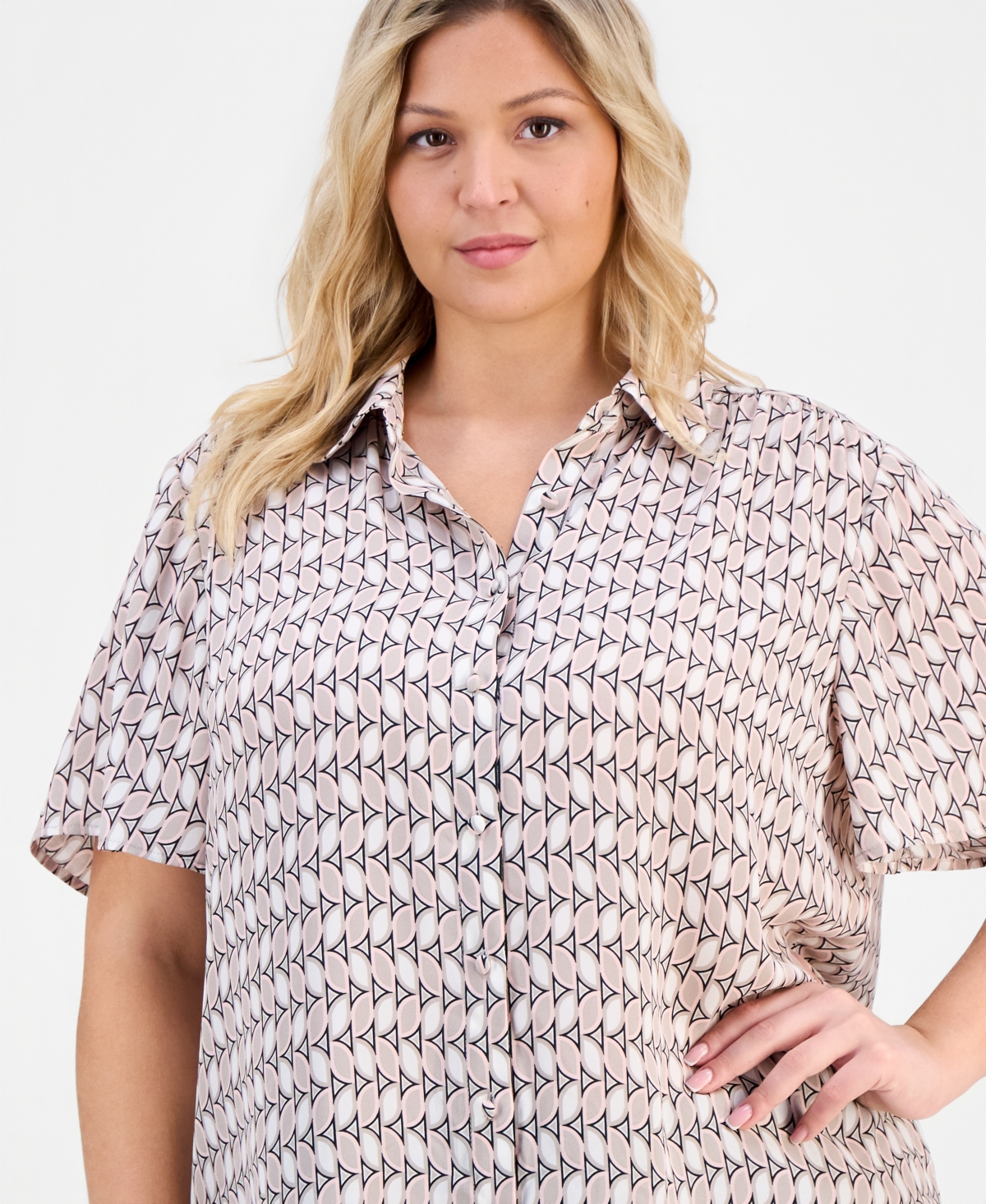 Anne Klein Plus Printed Short-Sleeve Button-Front Shirt