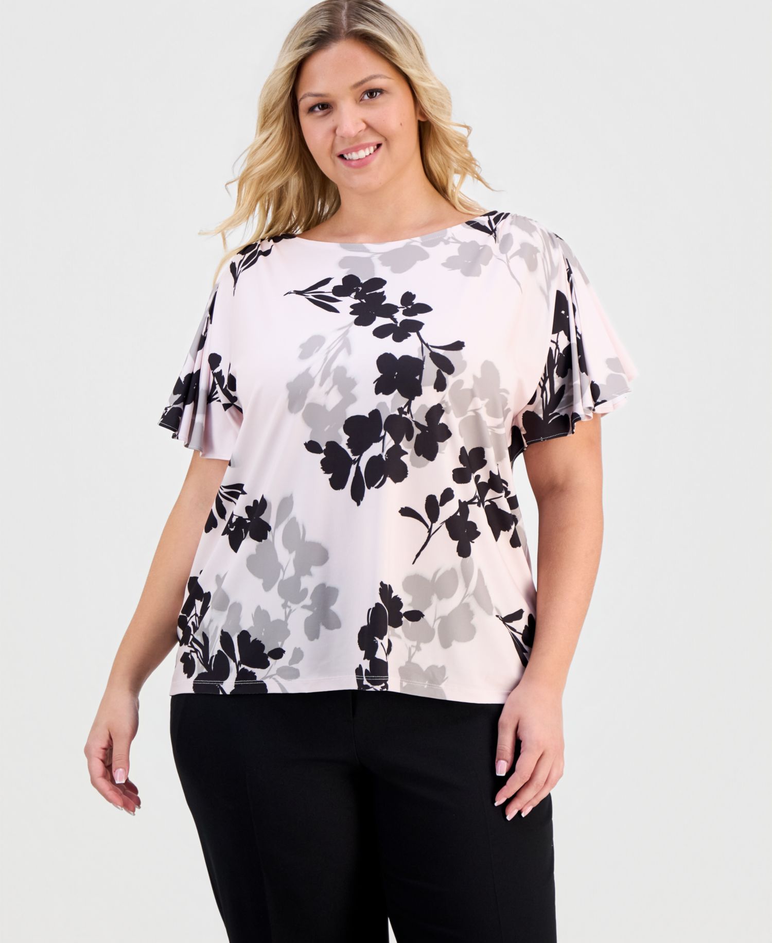 Plus Size Printed Flutter-Sleeve Top
