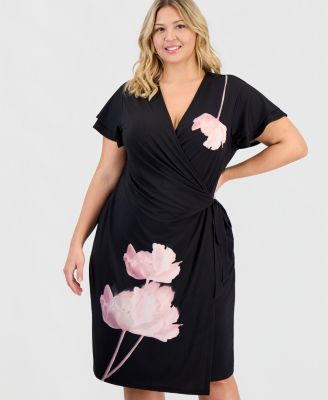 Plus Size Flutter-Sleeve Faux-Wrap Dress