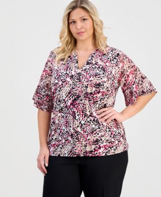 Plus Size Split-Neck Printed Flutter-Sleeve Top 