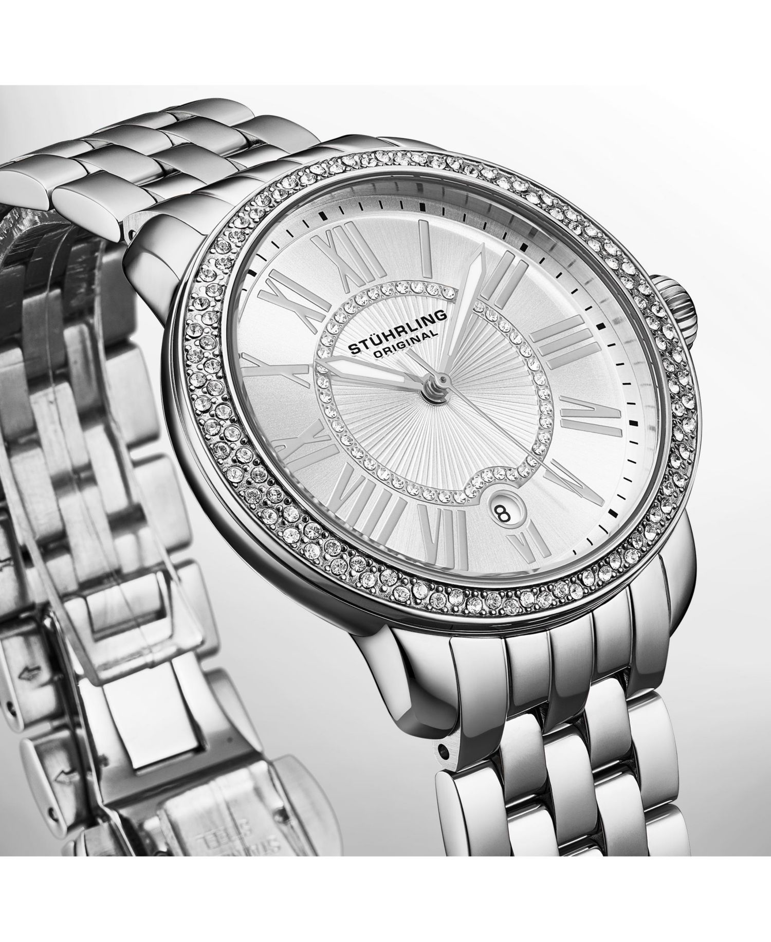Celestia 4080 Women s Quartz 38mm Watch with Swarovski Crystal Bezel, Roman Numeral Sunray Dial and Stainless Steel Bracelet