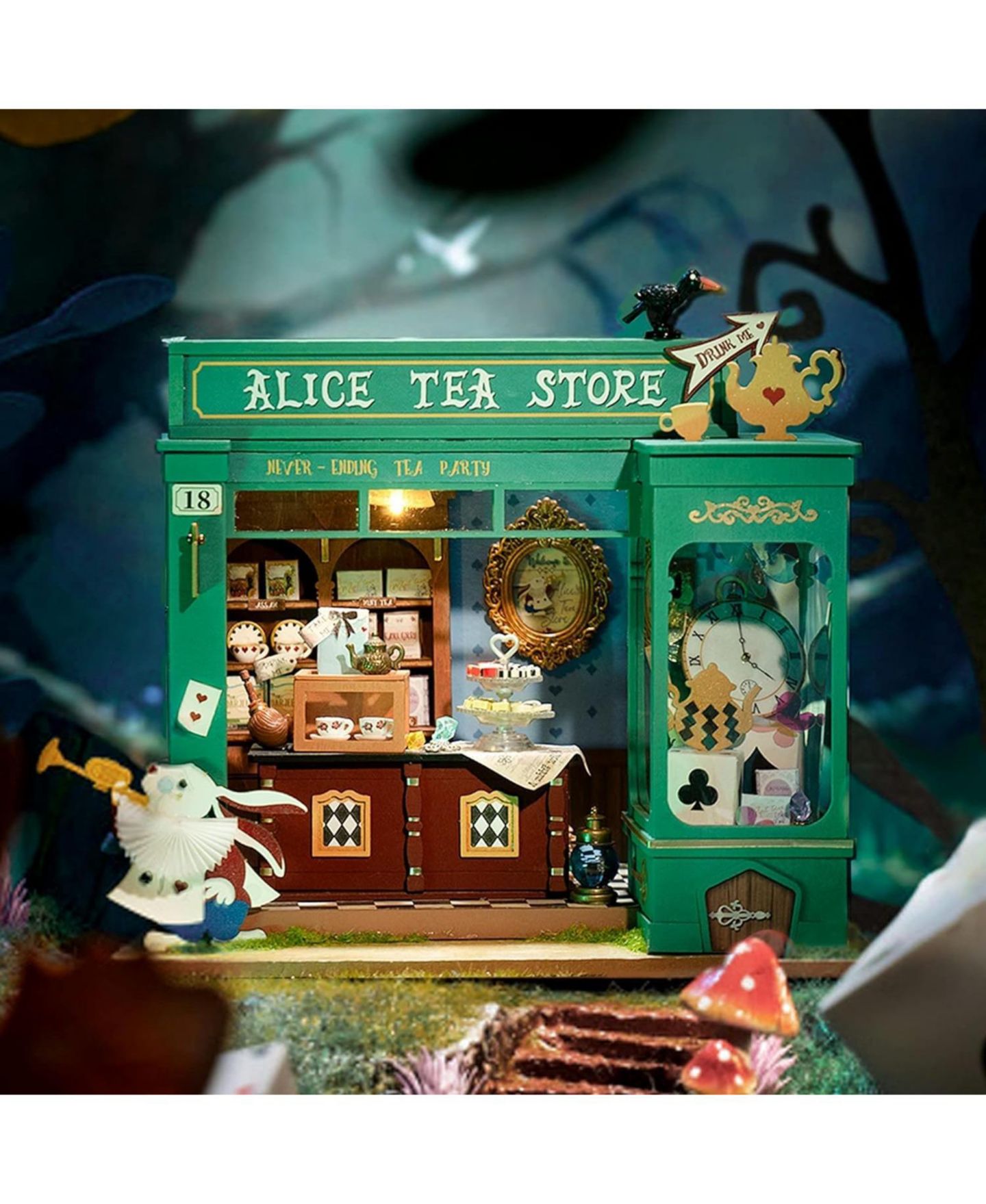 Детские куклы Robotime Alice's Tea Store 1:24 Scale Plywood DIY Miniature House Kit with LED Light, Ages 14+ — фото 7